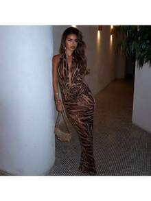 Hot  New Sleeveless Neck Deep V Leopard Print Spice Girl High Waist Slim Hip Wrap Dress Temperament Evening Dress - màu nâu - Xem 2