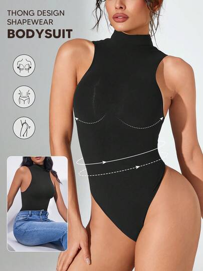 Women's High Neck Sleeveless Bodysuit With Tummy Control And Cinched Waist Features