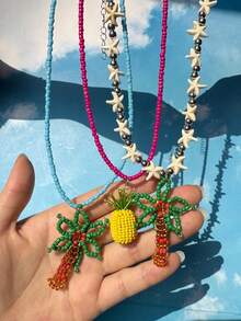 1pc Handmade Beaded Necklace With Coconut Tree, Pineapple, Starfish Pendants In Pink & Green, Colorful Y2K Minimalist Personalized Beach Jewelry - Multicolor - View 3
