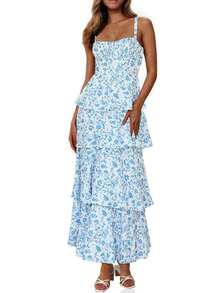 Vestido maxi con tirantes finos, sin mangas, con volantes y estampado floral para un romance de verano - azul real - Ver 1
