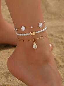 Set de 3 piezas Estilo océano de verano Colgante de tobillera con perlas falsas, pequeños peces de metal y conchas marinas, Joyería de cadena hecha a mano con perlas falsas y conchas, Adecuado para uso diario y viajes a la playa - Multicolor - Ver 1