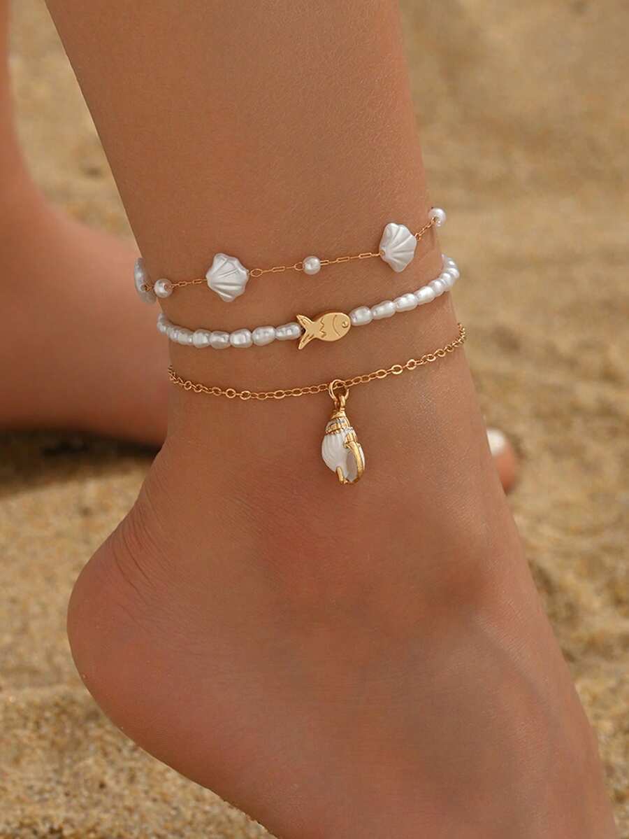Set de 3 piezas Estilo océano de verano Colgante de tobillera con perlas falsas, pequeños peces de metal y conchas marinas, Joyería de cadena hecha a mano con perlas falsas y conchas, Adecuado para uso diario y viajes a la playa - Multicolor - Ver 1