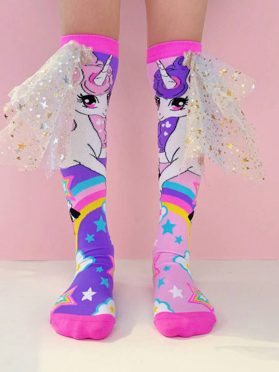 1双儿童过膝袜，色彩缤纷的酷炫小马图案，饰有3D翅膀，四季皆宜，趣味十足，适合狂欢节、派对、音乐节、母亲节、假期、毕业季、返校季、婚礼、角色扮演、户外活动和日常穿着——绝佳的礼物之选