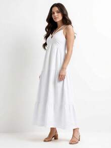 Women's Long Dress With Thin Straps And Ruffles, Lightweight And Cool For Summer, Casual Style - White - View 7