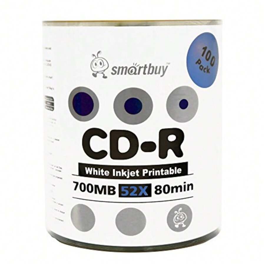 SmartBuy 700 MB/80min 52 x CD-R White Inkjet Hub Printable Blank Data medios grabables Disco Shrink Pack - 200 discos - Ver 1