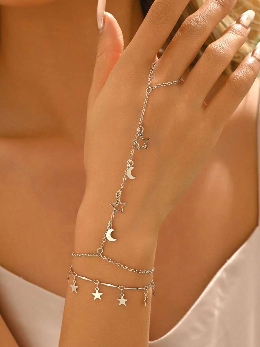2pcs/Set Star & Moon Tassel Finger Chain Set, Fashionable Double-Layer Stackable Bracelet, Suitable For Ramadan, Daily Wear, Dating, Photography, Handmade Chain Length And Tassel Quantity Randomly Varied - Silver - View 1