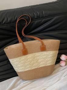 1pc Large Capacity Casual Patchwork Straw Tote Bag, Portable Shoulder Handbag Suitable For Beach, Vacation, Travel, Great Gift For Family, Friends, Loved Ones - Multicolor - View 7