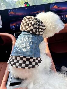 PETCIRCLE 1pc Pet Clothes, European & American Style, Suitable For Small Dogs & Puppies, Checkered Star Pattern Casual Cute Comfortable Outfit - Brown & White - Multicolor - View 3