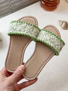 2026 New Girls' Knitted Pom-Pom Anti-Slip Open Toe Flat Sandals, Suitable For Birthday Party/Halloween Costume/Celebrating New Year At Home - Green - View 2