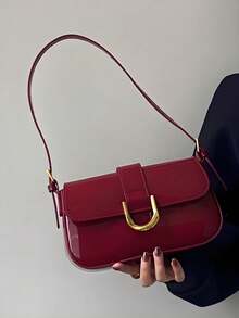 Lacquered Polyurethane Leather Handbag For Women, Burgundy Baguette Bag, Y2K Babe Bag, Shoulder/Underarm Mini Square Bag,Student Retro Inspired Bag - Màu Đỏ Sâu - Xem 5