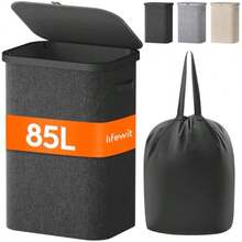 Cesto para Ropa Sucia de 85L con Tapa Cesta para la Colada con Asas de Plástico y Bolsa íble Cesto de Ropa Plegable Grande para Cuarto de Baño Lavadero Dormitorio Gris oscuro -021 - Gris oscuro - Ver 4