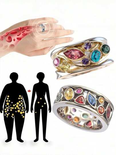 2pcs Fashion Crystal Quartz Ion Rings, With Therapeutic, Slimming, Lymphatic Detox, Magnetic Therapy Functions, Minimalist Jewelry In Multiple Colors