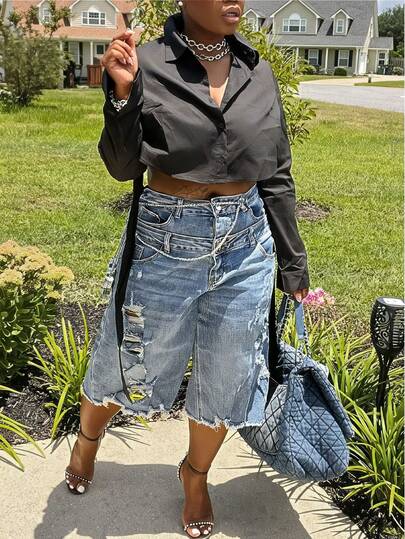 GLOURI Women's Blue Distressed Denim Culottes - Double High Waist & Ripped Detail & Frayed Raw Hem & Side Pocket Detail | Casual  Fit For Weekend Dates, Street Style Looks For Effortlessly Cool Stylish Looks