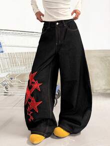 1pc Women's Vintage Street-Style Embroidered Curved Knife Loose Wide-Leg Jeans, Versatile For All Seasons (This Product Does Not Include Belt/Accessories) Spring Casual Black - Black - View 6