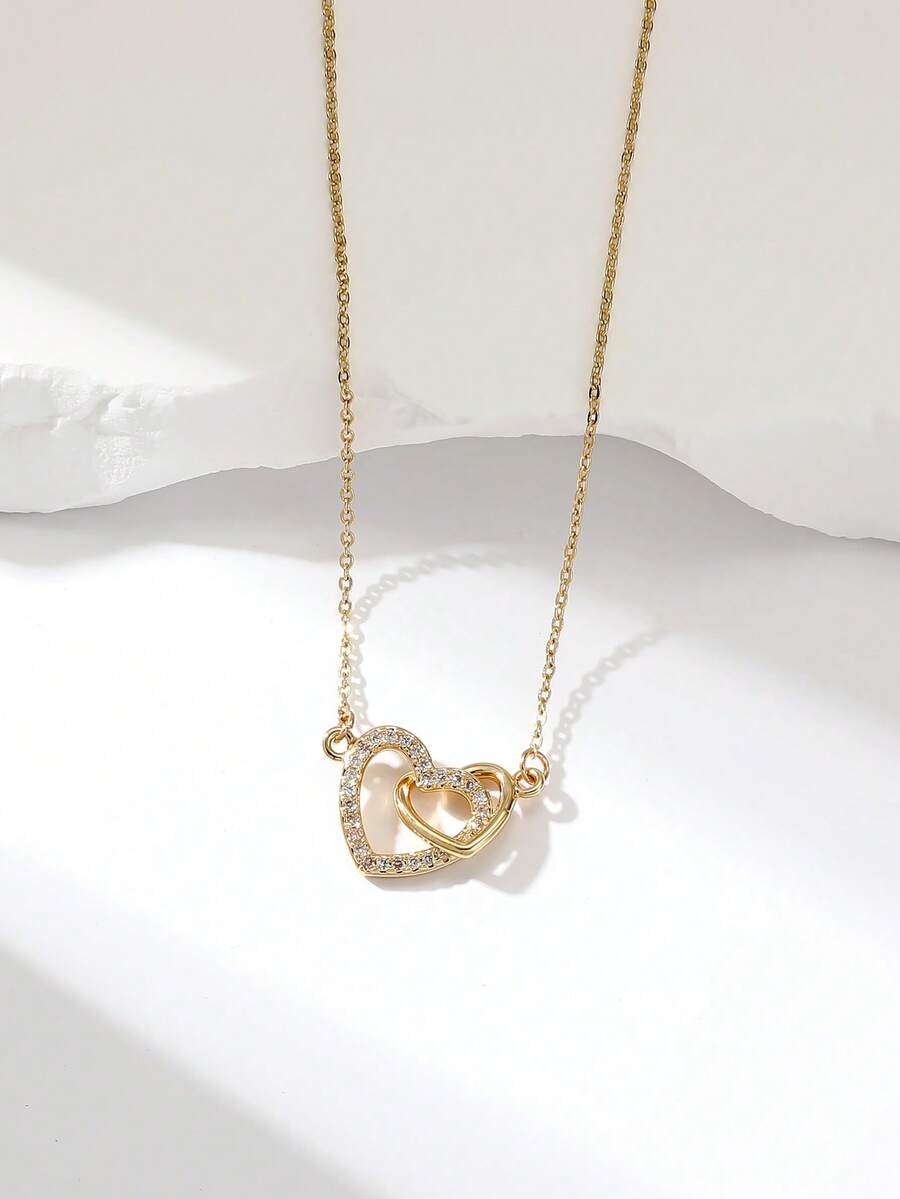 1pc Heart-Shaped Double-Ring Pendant Necklace, Minimalist Elegant Sparkling Cubic Zirconia, Versatile Daily Wear, Ideal Gift - Multicolor - View 1