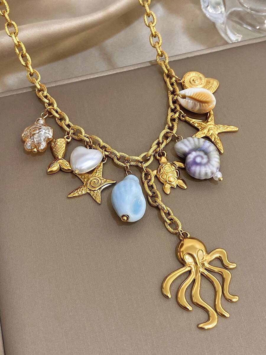 1pc Ocean Style Octopus Pendant Necklace, Unique Gold Chain Necklace, Stainless Steel Chain Necklace For Women, Suitable For Daily Wear, Party, Valentine's Day, Mother's Day Gift - Multicolor - View 1