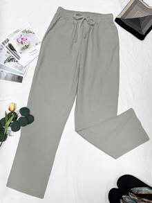 Pantalones casuales grises con cintura elástica, cordón y bolsillos, para primavera/verano y vacaciones - Gris Claro - Ver 3