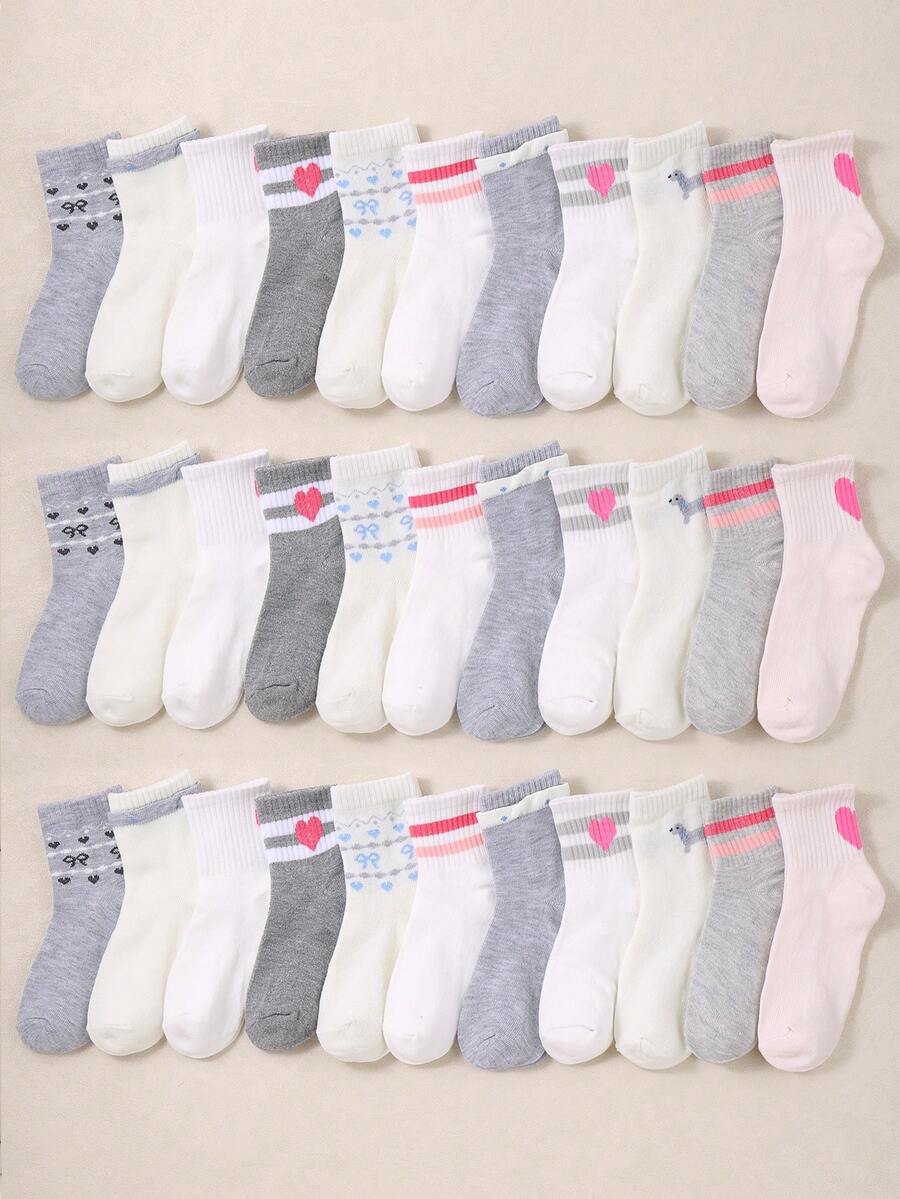 5/10 Double Striped Heart-Shaped Children's Mid-Calf Socks, Girls' Daily Fashion, Casual Sports, School Style, Suitable For Outdoor Travel, Running, Playing Basketball, Indoor Campus Parties, Gatherings And Other Scenarios. They Can Be Used As Birthday Gifts, Festival Gifts, Children's Day Gifts - 彩色 - 查看 1
