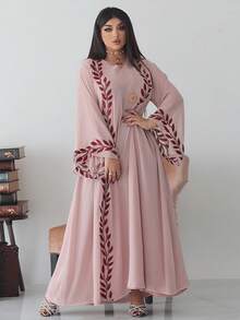 Fashion Street Style Summer Chiffon Embroidered Long Dress With Headscarf, Pink Round Neck, Modest Kaftan Spring - Pink - View 3