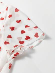 Women's Red Heart Print Mesh Sheer Fitted Short Sleeve Top, Valentine's Day White - White - View 8