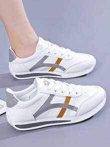 Nuevos zapatos casuales para mujer,Zapatillas deportivas antideslizantes para mujer,Zapatillas deportivas con cordones para mujer,Zapatillas deportivas planas informales para mujer,Adecuado para practicar deporte, viajar y para el uso diario, - blanco gris - Ver 2