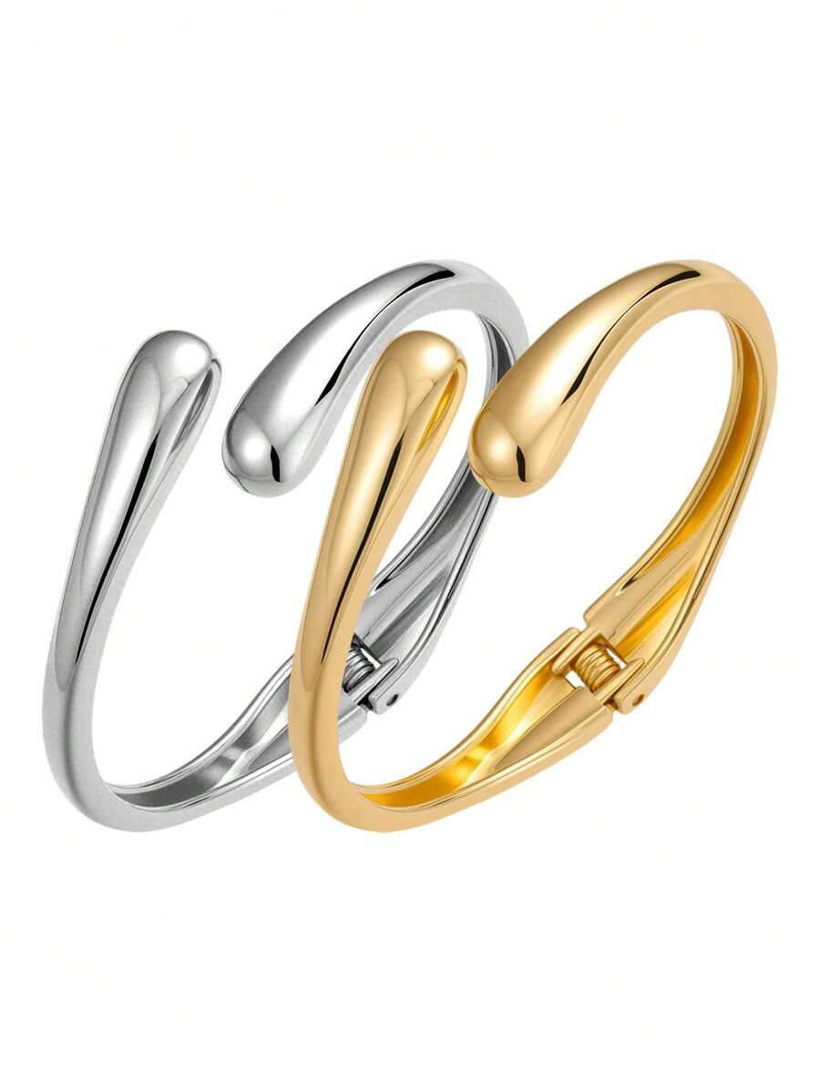 2pcs 18K Water Drop Bangle Bracelets, Suitable For Any Occasion - Gold + Silver - View 1