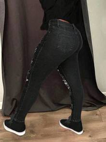Women's Fashion Casual Slim Fit Stretchy Commuting Pocket Sexy Young Distressed Street Elegant Skinny Jeans Vacation Spring Black - Black - View 4