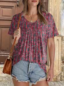 Women's Plus Size Ditsy Floral Ruched V-Neck Short Sleeve Casual Vacation T-Shirt Summer - Red Violet - View 3