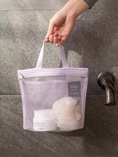 1 pieza Bolsa de malla ligera para ducha, bolsa de aseo de gran capacidad para viajes, bolsa colgante de almacenamiento para el baño, bolsa organizadora conveniente para brochas de maquillaje con cremallera, adecuada para lápices labiales, bolsa de lavado de malla minimalista y portátil para estudiantes
