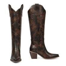 Women Cowboy Boots Knee High Comfort Vintage Floral Embroidery, Retro Pointed Toe, Block Chunky Heel, Pull On Tabs, Ladies Western Cowgirl Boots - 深棕色 - 查看 5