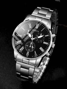 3-Piece Luxury Business Men's Silver Watch Set, Including Silver Dial Quartz Watch With Roman Numerals, Silver Cuban Link Bracelet, And Black Quilted Leather Wallet. Features Silver Metal Strap And Multi-Function Chronograph Design. - Silver - View 2