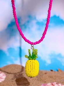 1pc Handmade Beaded Necklace With Coconut Tree, Pineapple, Starfish Pendants In Pink & Green, Colorful Y2K Minimalist Personalized Beach Jewelry - Multicolor - View 11