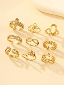 9pcs/Set Stainless Steel Gold-Tone Women's Open Ring Set, Flower, Infinity, Heart, Star & Moon Designs, Rhinestone Inlaid, Fashionable Petite & Delicate, Suitable For Daily Wear - Yellow Gold - View 3