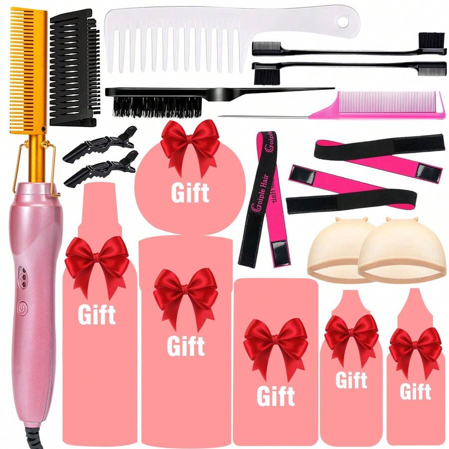 GOIPLE Electric Hot Comb Ceramic Hair Straightener, Heat Pressing Comb For Wigs & Natural Hair, Multifunctional Styling Tool For Straightening Curling Wig Grooming, With Multiple Combs Hair Clips Bands Anti-Scald Case, With Free Wig Tools Gift