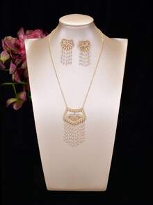 3pcs/Set Vintage Hollow Carved Copper Plated Gold Faux Pearl Tassel Necklace & Earrings Set, For Women Wedding Party Holiday Accessories - Yellow Gold - View 3