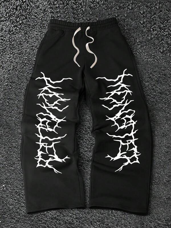 Spring Summer New Arrival Men's Wide-Leg Trousers American High-Street Style Lightning Print Pattern Comfortable And Versatile Casual Sportswear Elasticated Waistband With Drawstring Travel, Holiday, Outdoor, Camping, Fitness, Running Men's Jogging Trousers