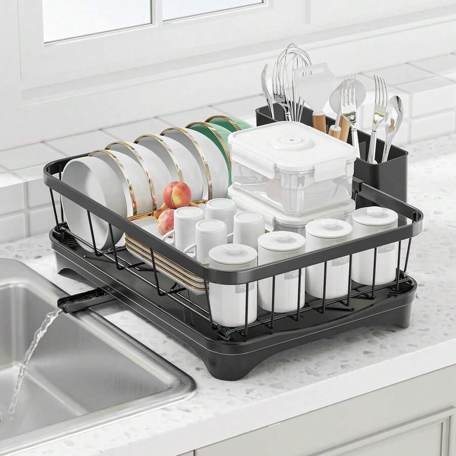 304 Stainless Steel Dish Drying Rack With Drain Board, Automatic Draining And Drying Rack For Kitchen Countertops, Large Capacity Dish Drainer, Suitable For Bowls, Cups, And Dishes. - màu đen - Xem 1