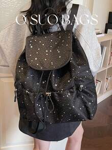 Large Capacity Fashionable Printed Nylon Casual Backpack With Multiple Pockets, Star Decor, Lightweight Foldable Drawstring Patch Letter Travel Bag, Summer - Black - View 10