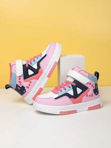 1双女童时尚高帮滑板鞋，舒适耐穿，方便的魔术贴搭扣，撞色拼接粉色可爱鞋款，适合上学、运动、室内外玩耍 - 粉色 - 查看 2