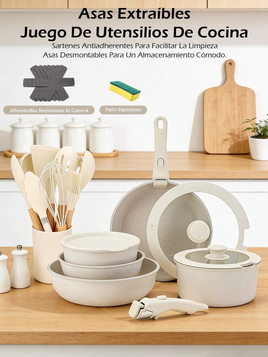 Juego de 22 Piezas de Ollas y Sartenes , Revestimiento Antiadherente Cerámico (Sin PFAS), Compatible con Todas las Estufas e Horno (hasta 450°F), Manijas Desmontables, Apto para Lavavajillas, Incluye Sartén, Cazo, Olla, Accesorios y Regala 3 Paños para Lavar Vajillas - Albaricoque - Ver 1