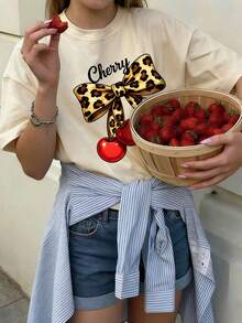 少女学生休闲印花圆领短袖T恤，夏季上衣 - 杏色 - 查看 8