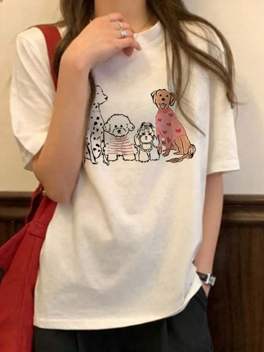 Women's Loose Fit Round Neck Short Sleeve T-Shirt With Cartoon Puppy Letter Print, Spring/Summer - White - View 1