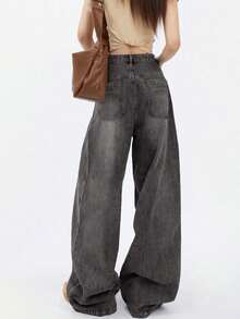 Women's Mid-Low Waisted Draped Wide Leg Jeans Dark Blue Washed Denim Waist Pleated Design Metal Button 2026 Retro Washed Effortless Jeans - Grey - View 2