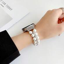 1件白色彈性珠飾人造鋯石閃亮錶帶，適用於 Galaxy Watch9/8 40mm/44mm 與 Galaxy Watch9/8 Classic 46mm，水晶手鍊風格珠寶錶帶，免扣環彈性女款珠寶風替換腕帶 - 白色 - 查看 3