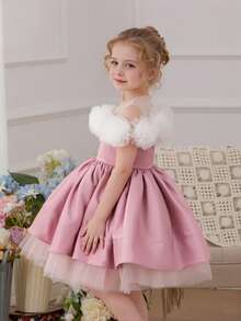 Young Girl 3D Rose Tulle Elegant Palace Style Flower Girl Dress, Princess Dress Suitable For Girls Birthday Party, Prom, Masquerade Ball, Flower Girl Wedding, Bridesmaid, Wedding Gown, Important Occasions And Festivals - Pink - View 7