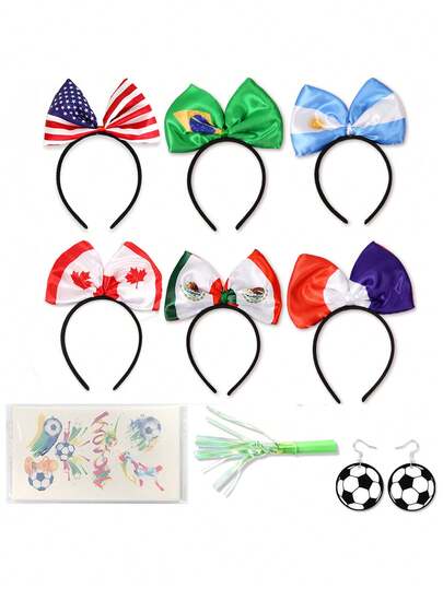 2026世界杯旗帜图案蝴蝶结发箍、耳环、脸贴，适合女性世界杯派对用品、足球派对用品、足球赛事装饰
