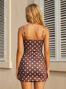 Women Sleeveless Spaghetti Strap Dress Summer Dot Print Scoop Neck Mini Bodycon Dress - Brown - View 2