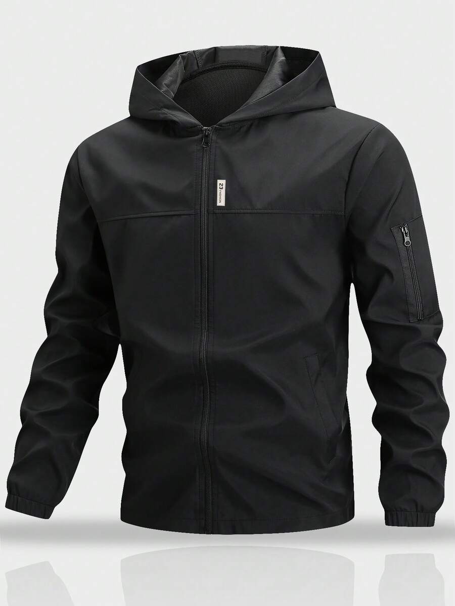 1pc Casual Sports Hooded Jacket, Zipper Closure, Regular Fit, Suitable For Hiking, Running, Outdoor Activities, Father''s Day - Black - View 1
