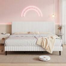 Estructura de cama individual/matrimonio/queen/king, estructura de cama de terciopelo, estructura de cama tapizada con cabecero y pie de cama acolchados con costuras verticales, disponible en rosa/verde/negro/azul/blanco - Blanco - Ver 6