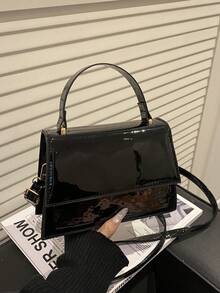 1pc New Fashionable Solid Color Textured PU Leather Flap Square Handbag, Minimalist Western Style Versatile Commuter Elegant Shoulder Bag With Detachable Adjustable Strap - Black - View 4